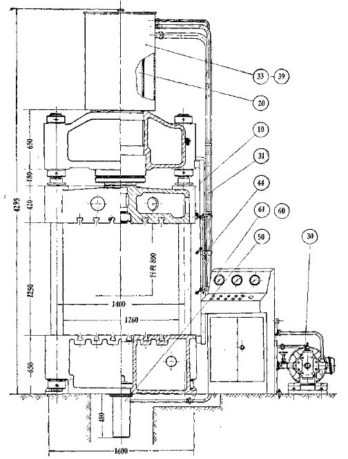 四柱液壓機核心結(jié)構(gòu)剖面標注圖